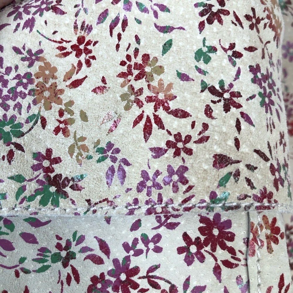 NWT Vintage Tan Suede Leather Boxy Jacket Ditzy Floral Print 7/8 - Picture 3 of 16